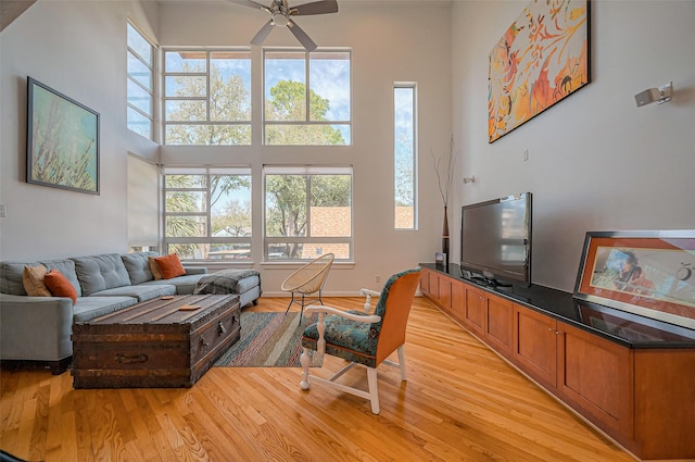 living area with plenty of natural light, baseboards, a high ceiling, and light wood-style floors