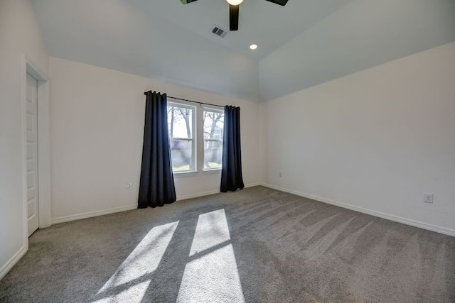 carpeted empty room with baseboards, visible vents, lofted ceiling, recessed lighting, and ceiling fan