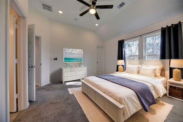 bedroom featuring light carpet, visible vents, recessed lighting, and vaulted ceiling