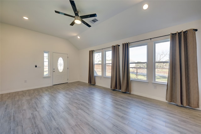 foyer with wood finished floors, visible vents, recessed lighting, ceiling fan, and vaulted ceiling