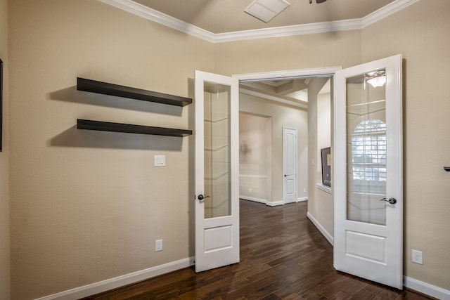 hallway featuring dark wood-type flooring, french doors, baseboards, and ornamental molding