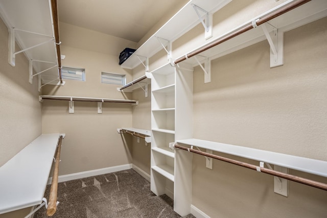 walk in closet featuring dark colored carpet