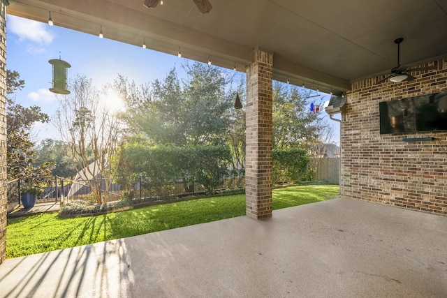 view of patio / terrace featuring a fenced backyard and ceiling fan