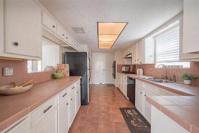 kitchen with white cabinetry, tile counters, black appliances, and a sink