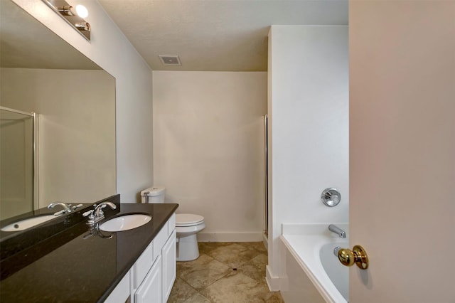 bathroom featuring a shower with door, visible vents, toilet, a bath, and vanity