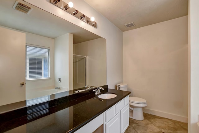 full bathroom with visible vents, a shower stall, toilet, and vanity