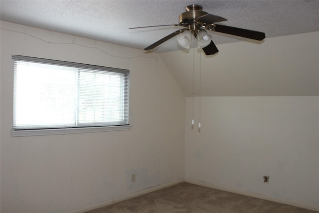 additional living space with a textured ceiling, vaulted ceiling, and light carpet