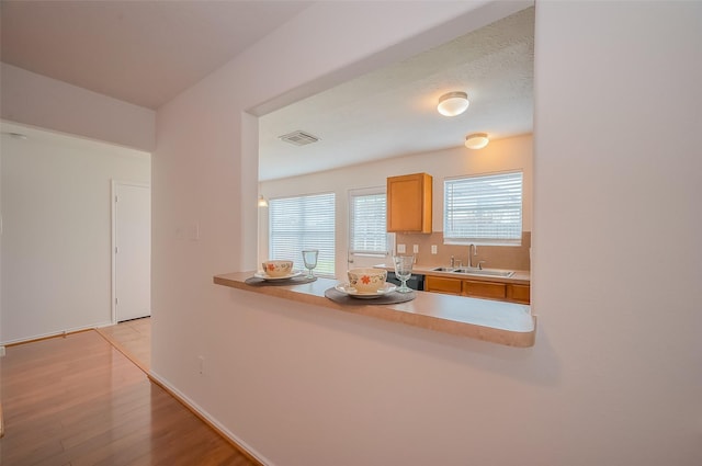 kitchen featuring visible vents, a sink, light wood-style floors, light countertops, and baseboards