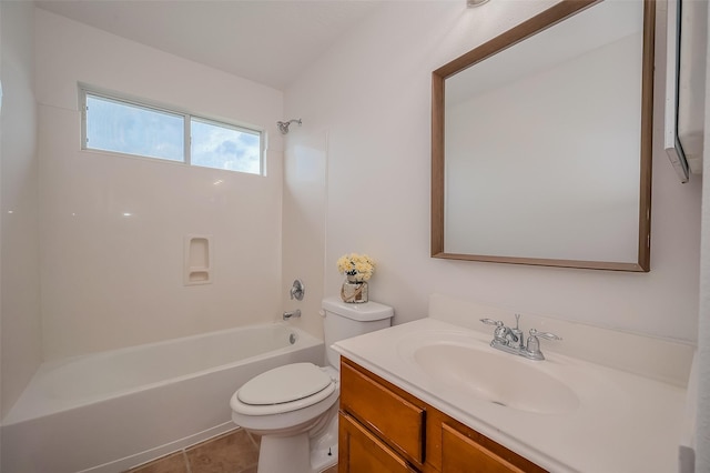 full bathroom with vanity, tile patterned floors, toilet, and shower / washtub combination