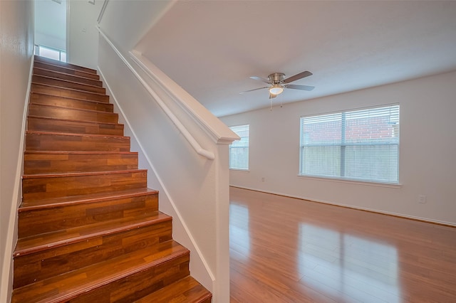 staircase with a ceiling fan and wood finished floors