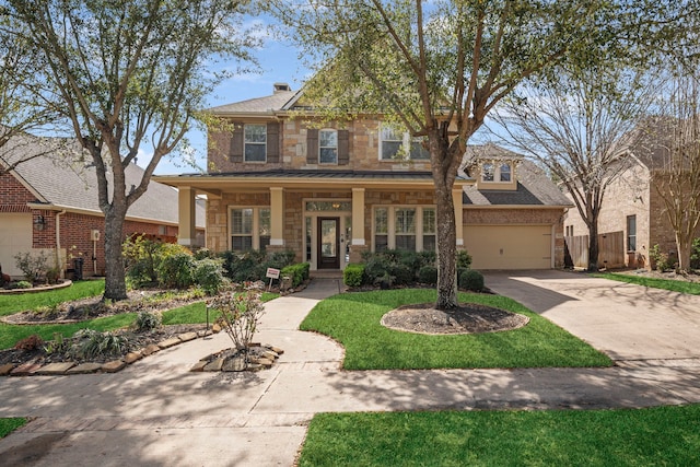 view of front facade featuring a porch, fence, concrete driveway, a garage, and brick siding