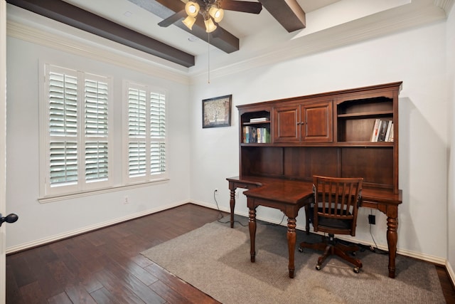 office featuring beam ceiling, baseboards, dark wood-type flooring, and ceiling fan