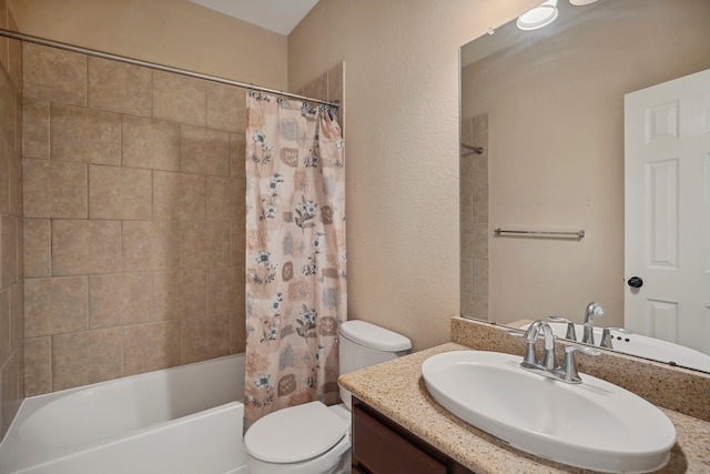 full bath featuring a textured wall, toilet, vanity, and shower / bath combination with curtain