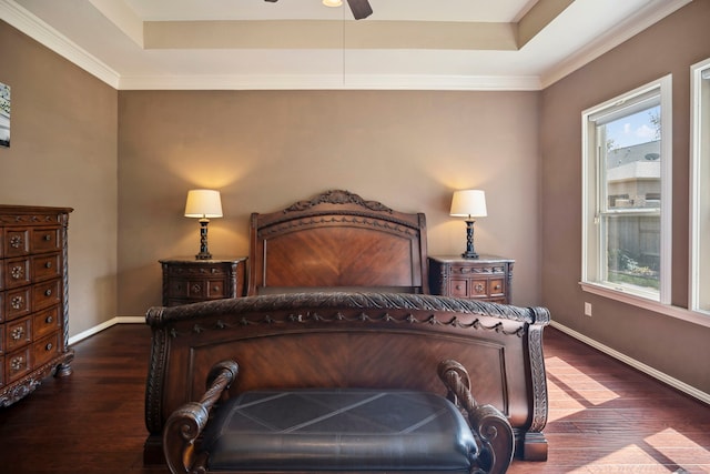 bedroom with multiple windows, a raised ceiling, baseboards, and wood finished floors