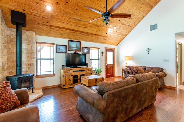 living room featuring hardwood / wood-style floors, visible vents, wooden ceiling, and a wood stove