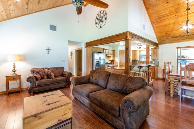 living room featuring lofted ceiling, wooden ceiling, visible vents, and dark wood-style flooring