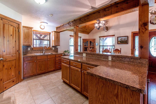 kitchen with tasteful backsplash, plenty of natural light, brown cabinets, and a sink