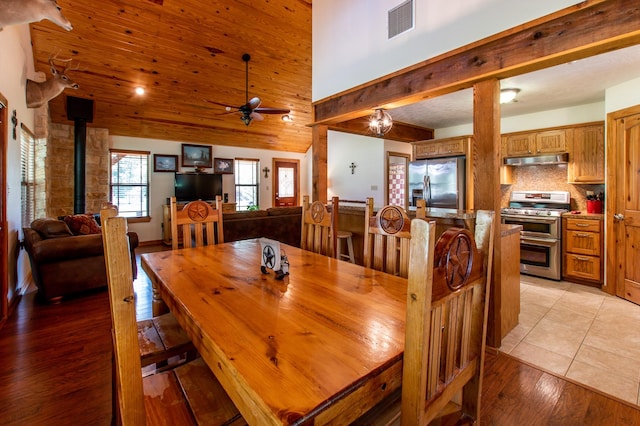 dining room featuring visible vents, a high ceiling, light wood finished floors, ceiling fan, and a wood stove