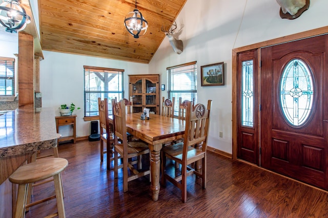 dining area featuring a wealth of natural light, wood ceiling, baseboards, and dark wood-style flooring