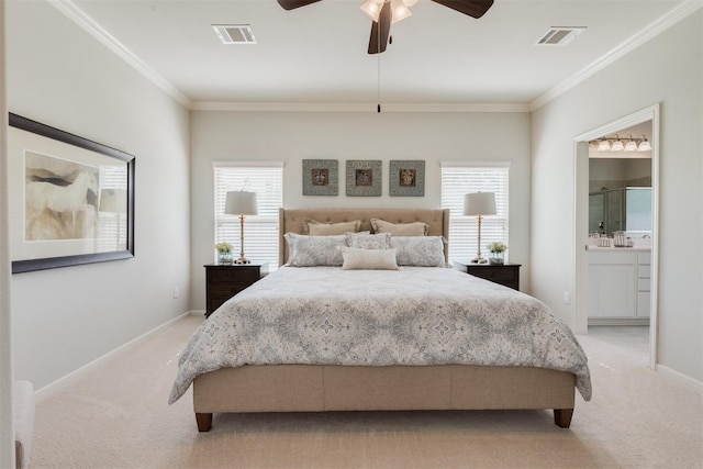 bedroom with visible vents, light carpet, and multiple windows