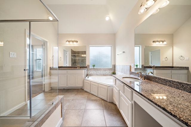 full bath featuring vaulted ceiling, plenty of natural light, a shower stall, and a sink