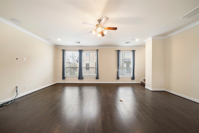 empty room with baseboards, ceiling fan, dark wood-style flooring, and crown molding