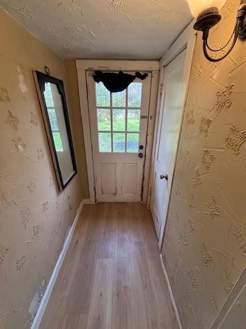 doorway with a wealth of natural light, light wood-style flooring, a textured ceiling, and baseboards