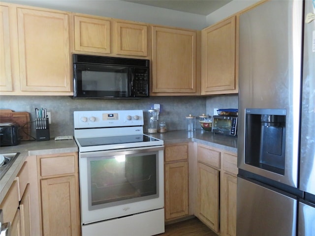 kitchen with backsplash, light brown cabinets, black microwave, white electric range oven, and stainless steel fridge