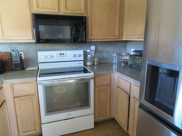 kitchen with backsplash, black microwave, light brown cabinetry, stainless steel refrigerator with ice dispenser, and white electric range