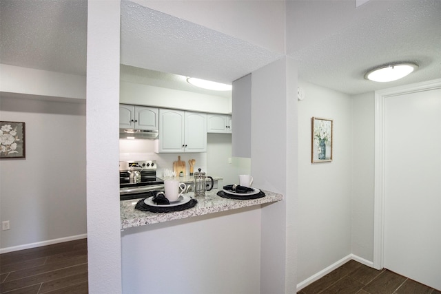 kitchen with wood finish floors, electric range, under cabinet range hood, a textured ceiling, and white cabinetry