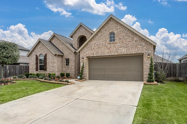 french country style house featuring brick siding, a front yard, and fence