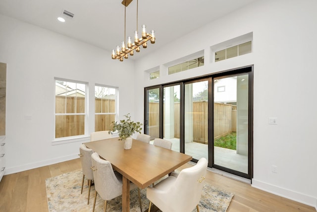 dining area featuring recessed lighting, visible vents, baseboards, and light wood-style floors