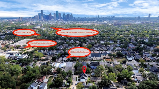 519 Railey St, Houston, TX 77009 - aerial overview of property's location with a view of skyline