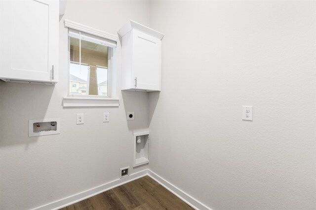 laundry room featuring hookup for a washing machine, dark wood-style floors, baseboards, hookup for an electric dryer, and cabinet space