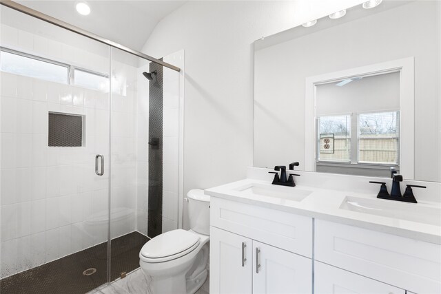 bathroom featuring a stall shower, toilet, and a sink