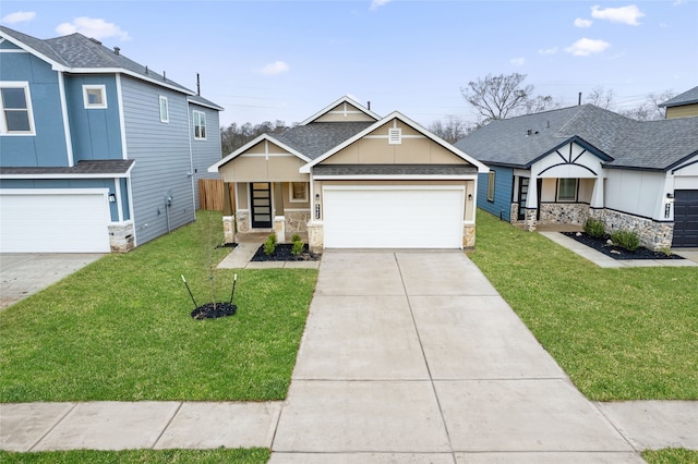 view of front of home with a front lawn, concrete driveway, a garage, and roof with shingles