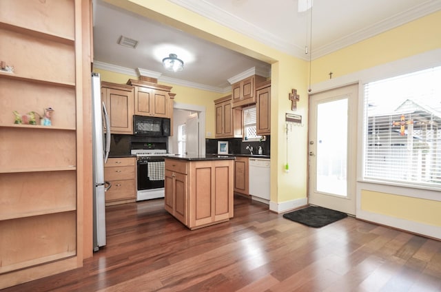 kitchen featuring open shelves, white appliances, dark countertops, and a kitchen island