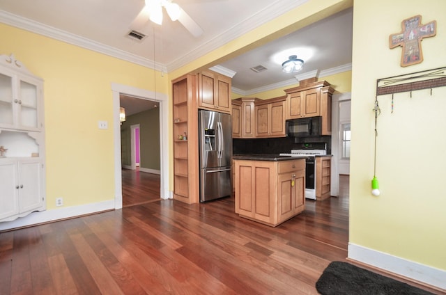 kitchen with visible vents, open shelves, white gas stove, black microwave, and stainless steel fridge