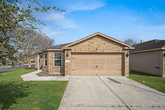 ranch-style house featuring a front lawn, a garage, brick siding, and driveway