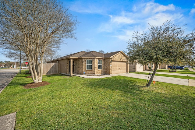 view of front of home featuring a front lawn, fence, concrete driveway, a garage, and brick siding