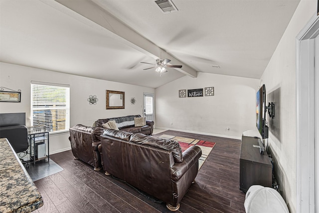 living area featuring lofted ceiling with beams, visible vents, baseboards, and dark wood-style flooring