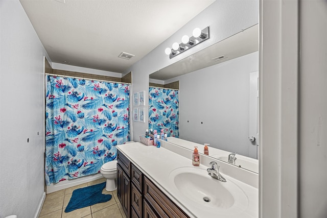 full bathroom with visible vents, toilet, a shower with curtain, tile patterned floors, and vanity