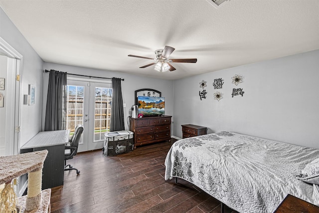 bedroom with dark wood-style flooring, ceiling fan, french doors, a textured ceiling, and access to outside