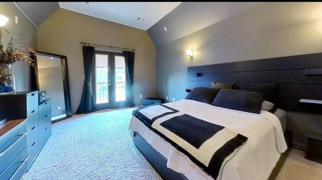 carpeted bedroom featuring vaulted ceiling, access to exterior, and french doors