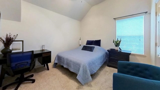 bedroom with lofted ceiling and light carpet