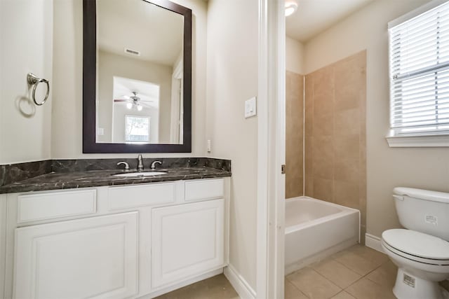 full bathroom with tile patterned floors, visible vents, toilet, baseboards, and vanity