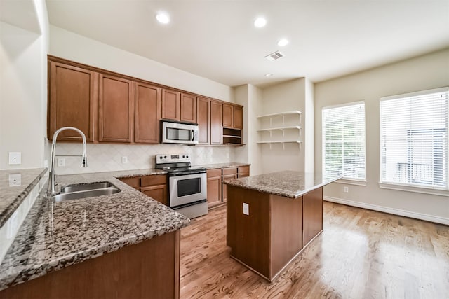 kitchen featuring visible vents, open shelves, a sink, decorative backsplash, and appliances with stainless steel finishes