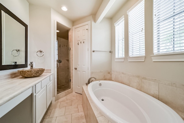 full bathroom with vanity, recessed lighting, a stall shower, tile patterned flooring, and a garden tub