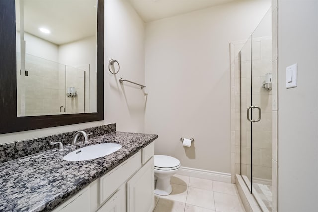 bathroom with tile patterned floors, a stall shower, toilet, and vanity