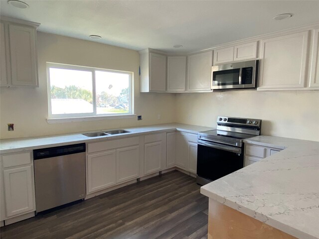 kitchen featuring a sink, stainless steel appliances, dark wood-style flooring, and light countertops